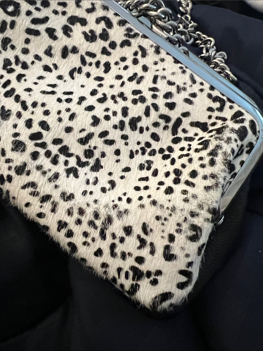 Leopard Print Mini Frame Bag with Chain Strap - Black & White - Picture 6 of 7